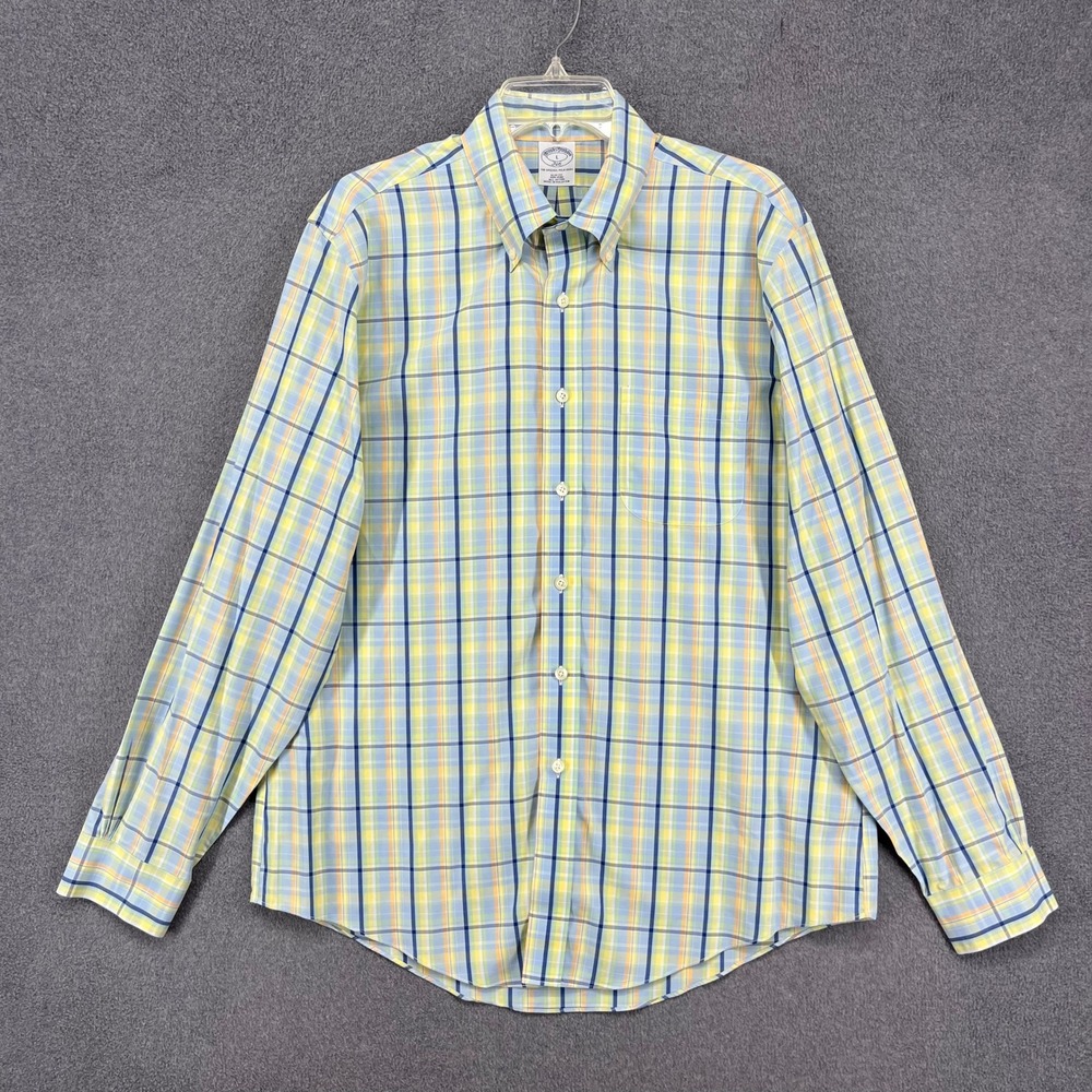 Brooks Brothers 346 Shirt Mens Large Blue Yellow Plaid Slim Fit Non-Iron Cotton